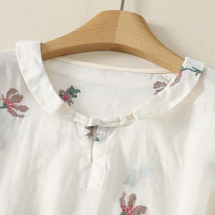 Buddha Stones Camisas de manga corta para mujer con bordado floral, estilo casual de verano. - image 10