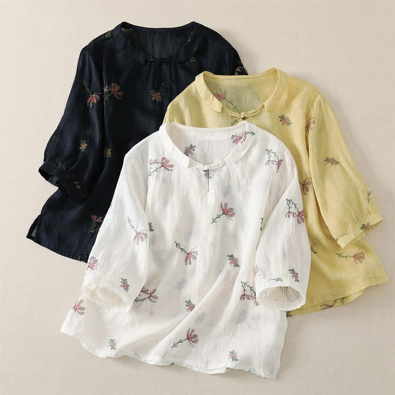 Buddha Stones Camisas de manga corta para mujer con bordado floral, estilo casual de verano. - image 18