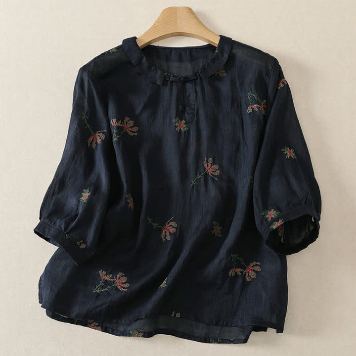 Buddha Stones Camisas de manga corta para mujer con bordado floral, estilo casual de verano. - Azul medianoche - US12, UK/AU16, EU44 (2XL) - image 4