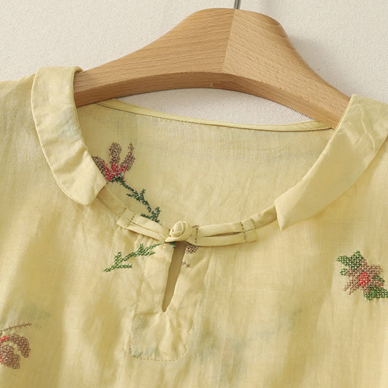 Buddha Stones Camisas de manga corta para mujer con bordado floral, estilo casual de verano. - image 1