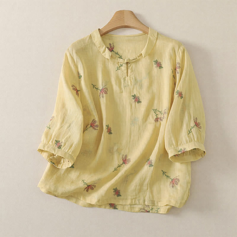 Buddha Stones Camisas de manga corta para mujer con bordado floral, estilo casual de verano. - vara de oro pálida - US12, UK/AU16, EU44 (2XL) - image 0