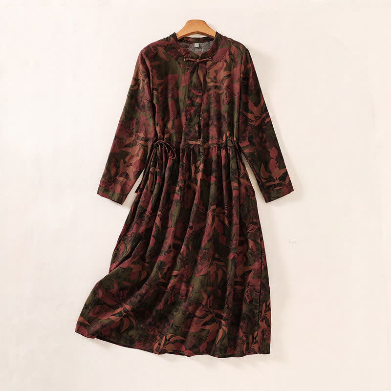 Buddha Stones Elegante vestido de mujer de manga larga con botones y estampado floral, estilo vintage, ideal para otoño. - Marrón silla de montar - US12, UK/AU16, EU44 (2XL) - image 7