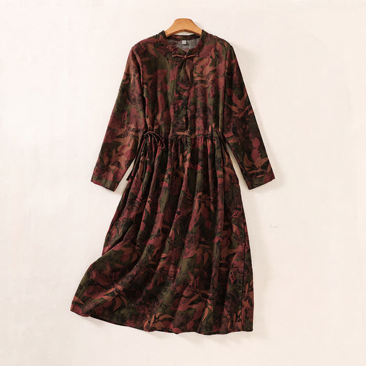 Buddha Stones Elegante vestido de mujer de manga larga con botones y estampado floral, estilo vintage, ideal para otoño. - Marrón silla de montar - US12, UK/AU16, EU44 (2XL) - image 7