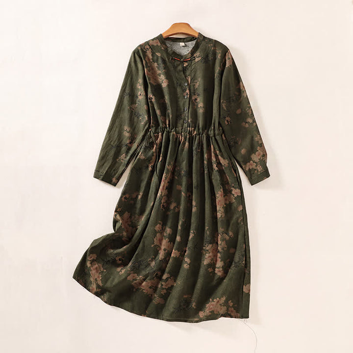 Buddha Stones Elegante vestido de mujer de manga larga con botones y estampado floral, estilo vintage, ideal para otoño. - Verde oliva oscuro - US12, UK/AU16, EU44 (2XL) - image 0