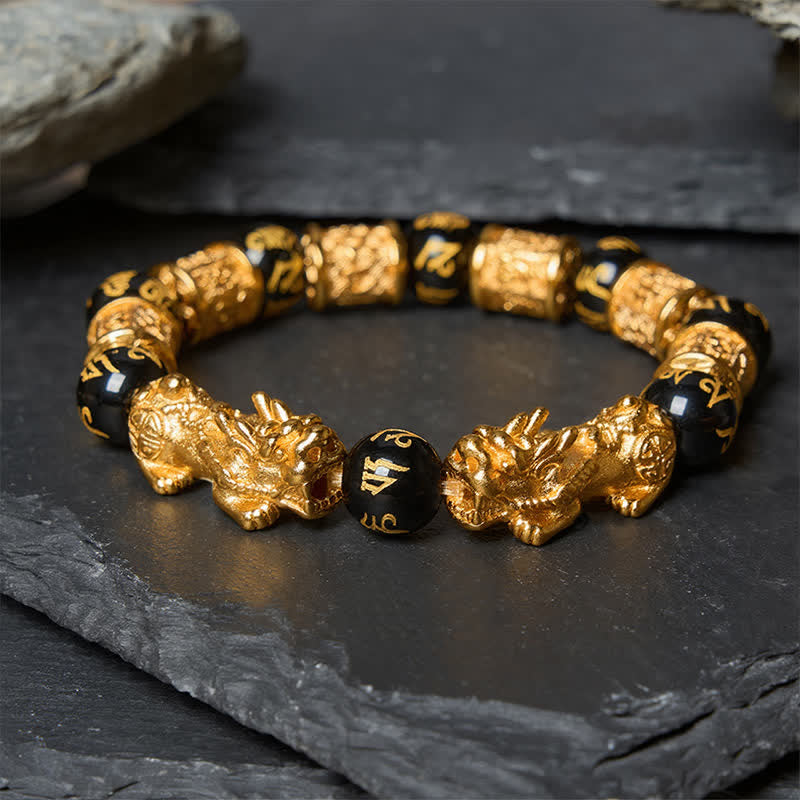 Buddha Stones Pulsera de cuentas redondas de oro negro Pi Xiu Om Mani Padme Hum para la riqueza - Pulsera Pi Xiu (Circunferencia de la muñeca: 17–18 cm) - image 0