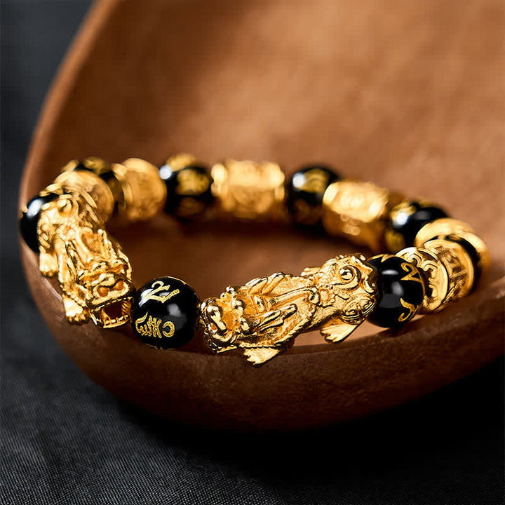 Buddha Stones Pulsera de cuentas redondas de oro negro Pi Xiu Om Mani Padme Hum para la riqueza - image 2