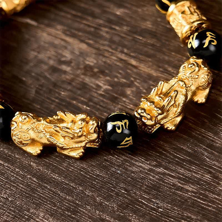 Buddha Stones Pulsera de cuentas redondas de oro negro Pi Xiu Om Mani Padme Hum para la riqueza - image 9