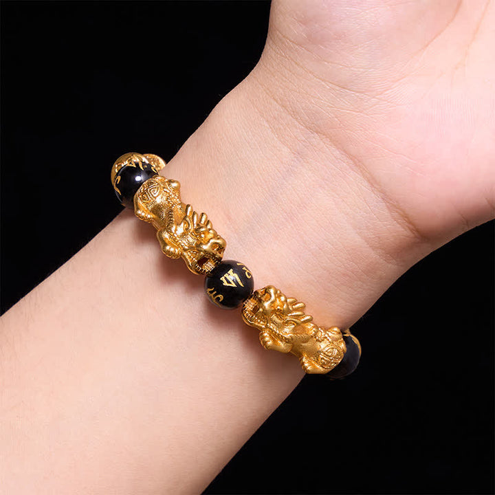 Buddha Stones Pulsera de cuentas redondas de oro negro Pi Xiu Om Mani Padme Hum para la riqueza - image 4