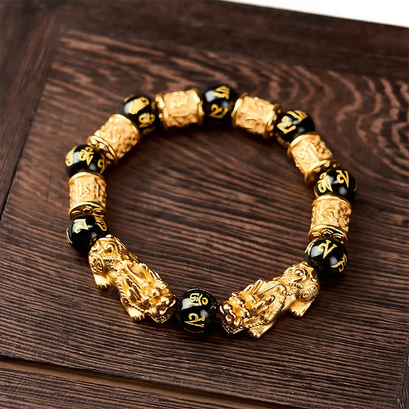 Buddha Stones Pulsera de cuentas redondas de oro negro Pi Xiu Om Mani Padme Hum para la riqueza - image 1
