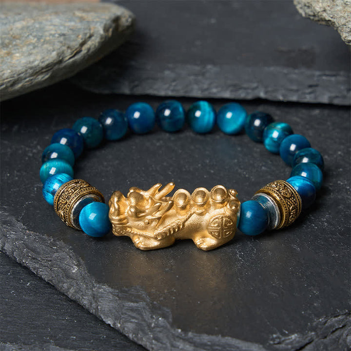 Buddha Stones Pulsera de la riqueza y el coraje Pi Xiu con cuentas de ojo de tigre azul - Ojo de tigre azul (circunferencia de la muñeca: 15-16 cm) - image 0