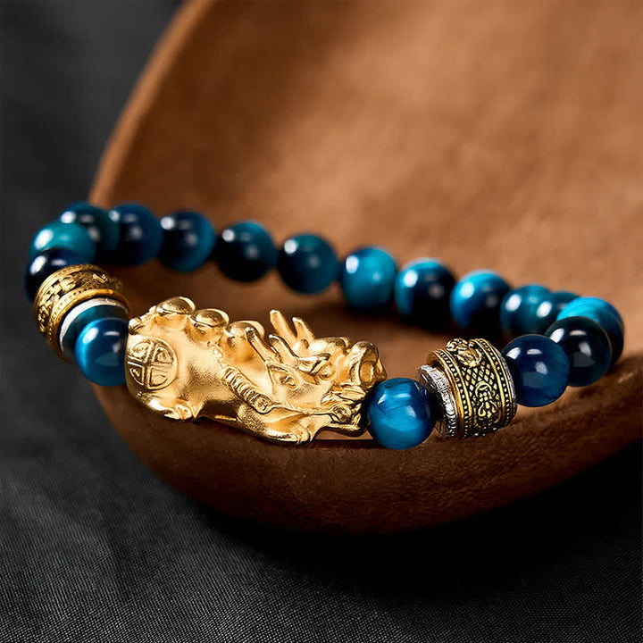 Buddha Stones Pulsera de la riqueza y el coraje Pi Xiu con cuentas de ojo de tigre azul - image 3