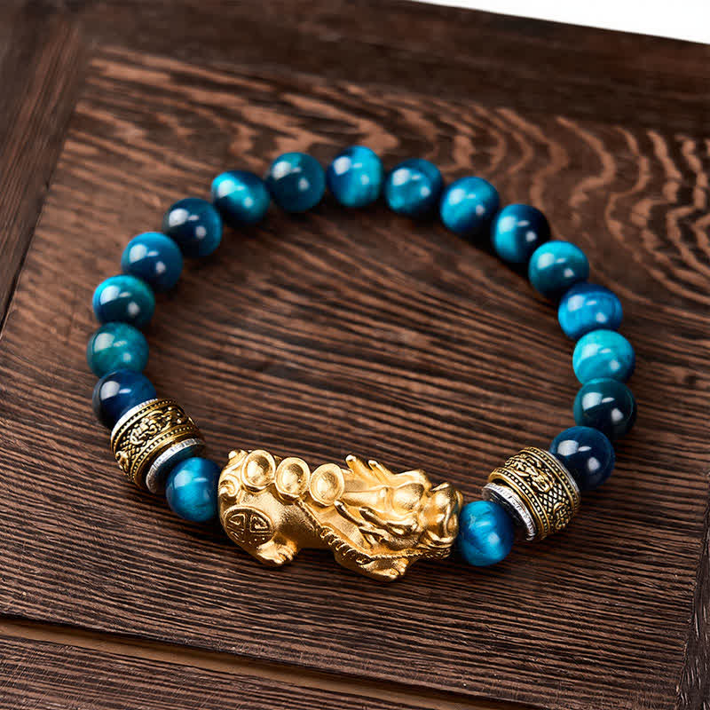 Buddha Stones Pulsera de la riqueza y el coraje Pi Xiu con cuentas de ojo de tigre azul - image 1