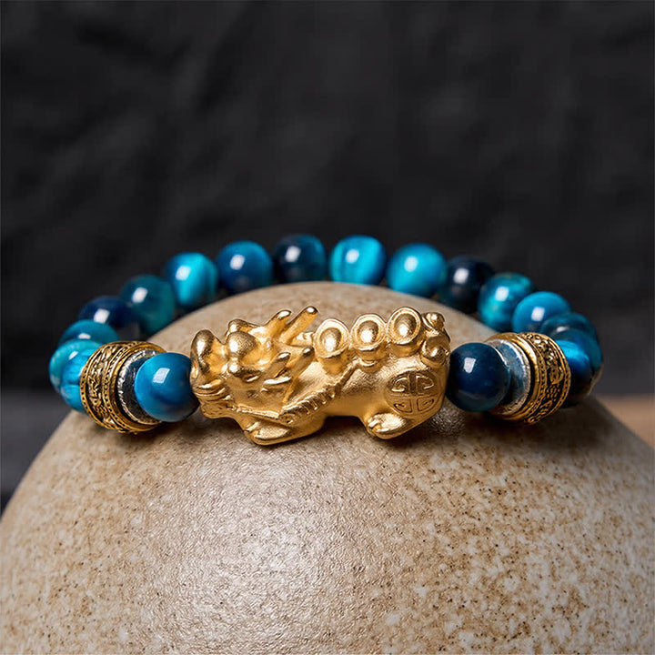 Buddha Stones Pulsera de la riqueza y el coraje Pi Xiu con cuentas de ojo de tigre azul - image 2