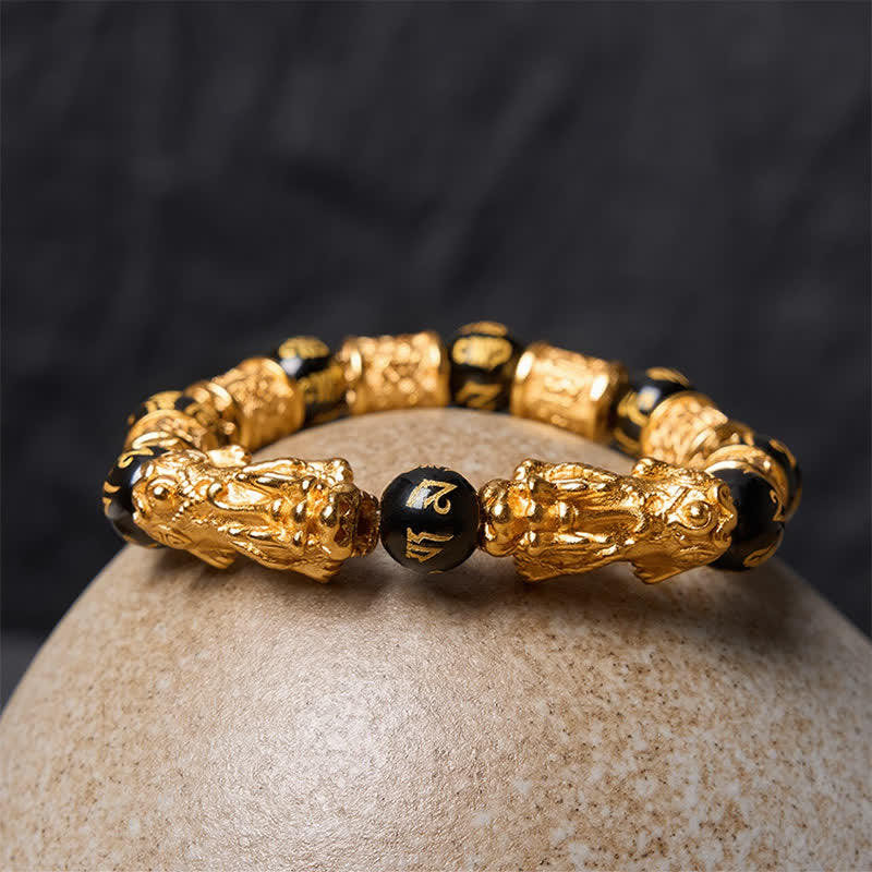 Buddha Stones Pulsera de cuentas redondas de oro negro Pi Xiu Om Mani Padme Hum para la riqueza - image 3