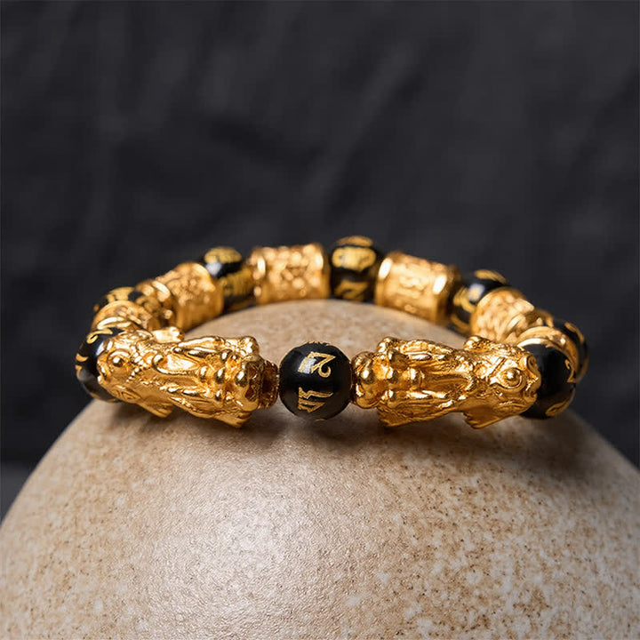 Buddha Stones Pulsera de cuentas redondas de oro negro Pi Xiu Om Mani Padme Hum para la riqueza - image 3