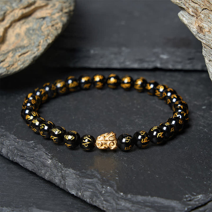 Buddha Stones Pulsera de aleación con cuentas Om Mani Padme Hum de ónix negro y fuerza Pi Xiu - Ónix negro (circunferencia de la muñeca: 14-15 cm) - image 0