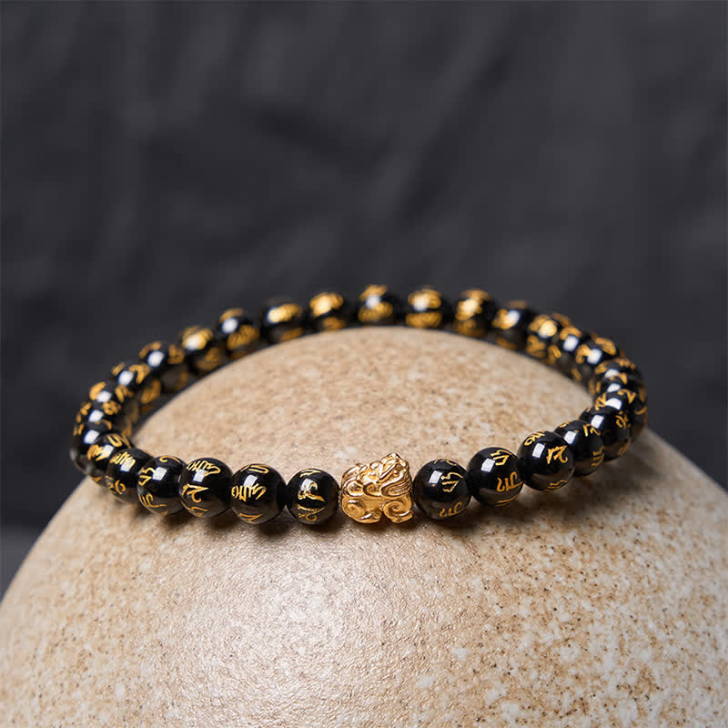 Buddha Stones Pulsera de aleación con cuentas Om Mani Padme Hum de ónix negro y fuerza Pi Xiu - image 2