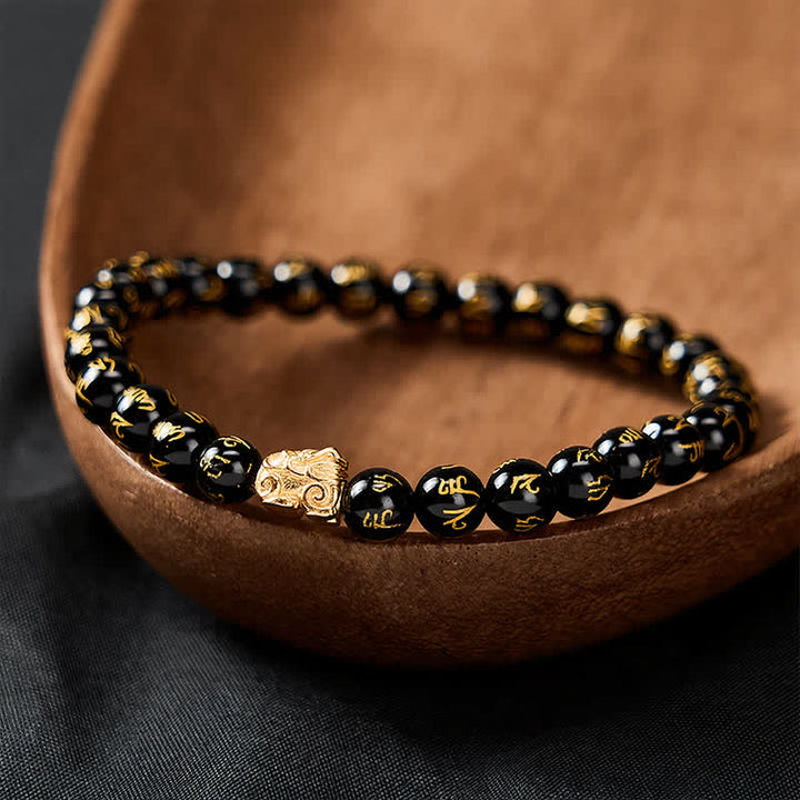 Buddha Stones Pulsera de aleación con cuentas Om Mani Padme Hum de ónix negro y fuerza Pi Xiu - image 3