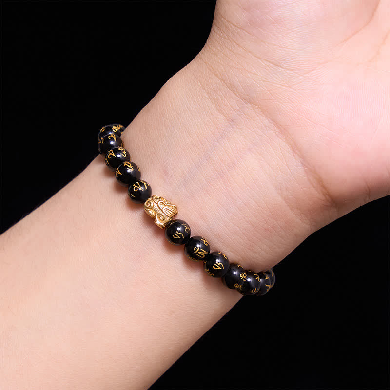 Buddha Stones Pulsera de aleación con cuentas Om Mani Padme Hum de ónix negro y fuerza Pi Xiu - image 4