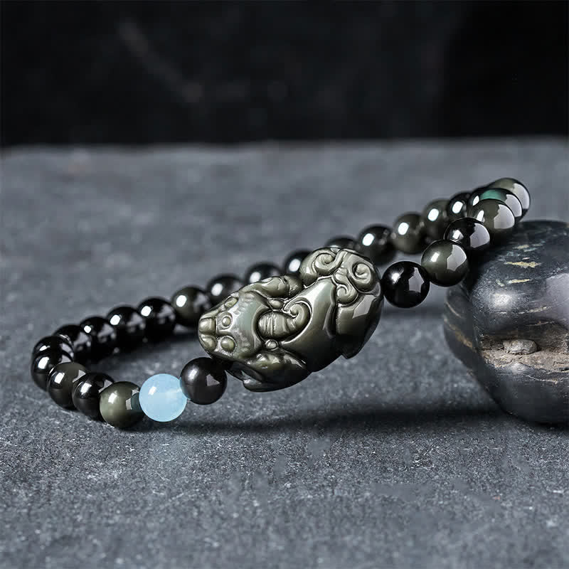 Buddha Stones Pulsera Pi Xiu de obsidiana arcoíris para la riqueza y la transformación positiva. - Pi Xiu 6 mm (circunferencia de la muñeca: 5,5–5,9 pulgadas/14–15 cm) - image 0