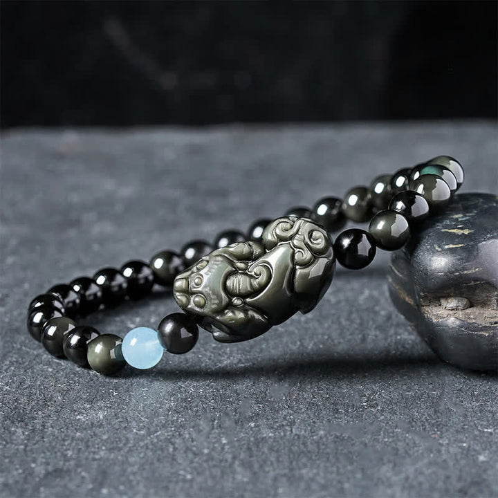 Buddha Stones Pulsera Pi Xiu de obsidiana arcoíris para la riqueza y la transformación positiva. - Pi Xiu 6 mm (circunferencia de la muñeca: 5,5–5,9 pulgadas/14–15 cm) - image 0