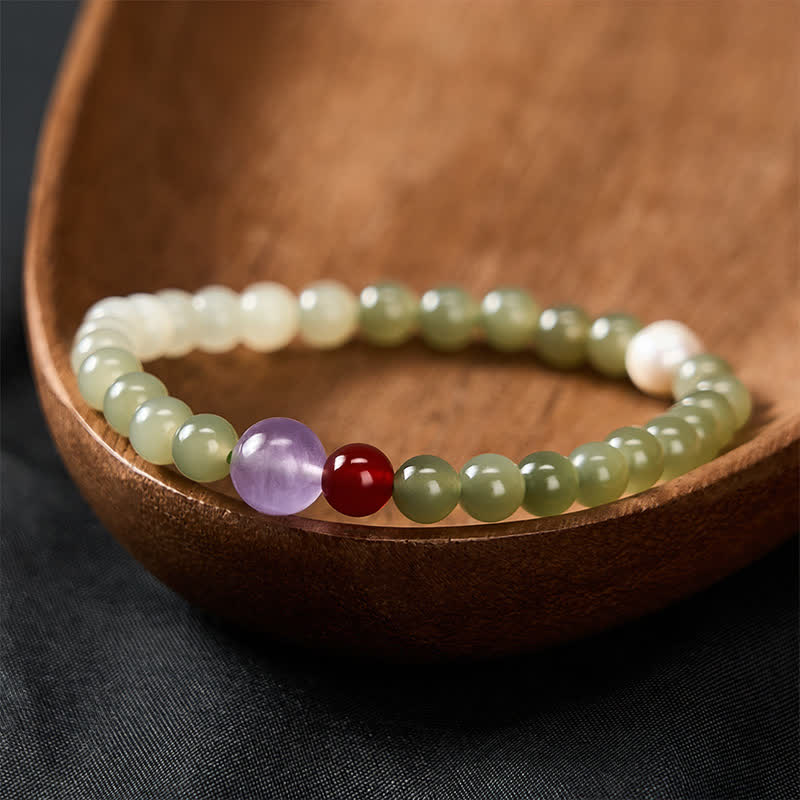Buddha Stones Pulsera de cuentas redondas con degradado de jade Hetian natural - Jade Hetian (Circunferencia de la muñeca: 5,5–5,9 pulgadas/14–15 cm) - image 0