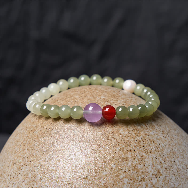 Buddha Stones Pulsera de cuentas redondas con degradado de jade Hetian natural - image 2