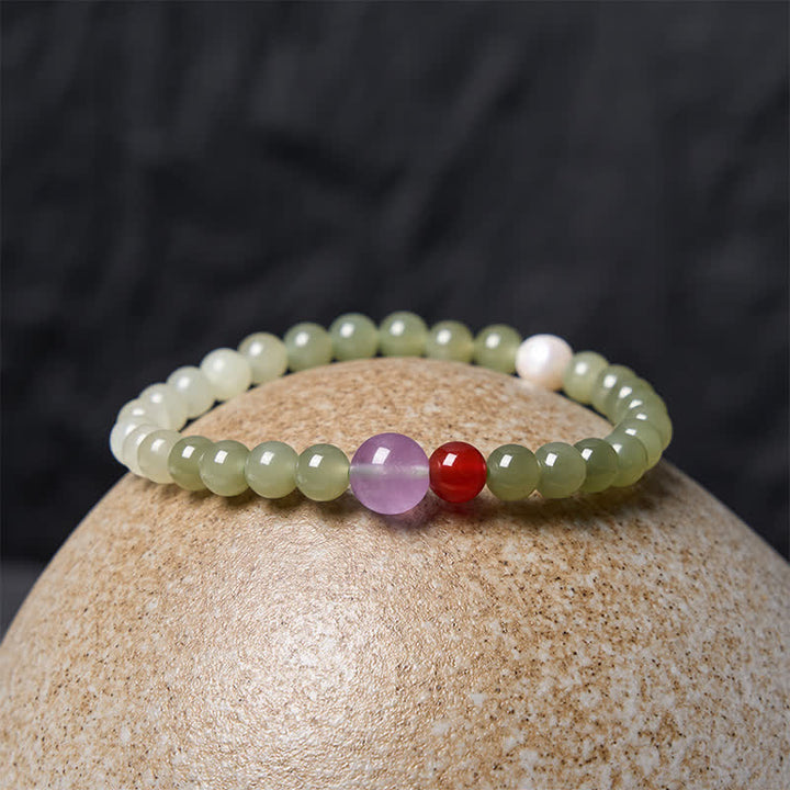 Buddha Stones Pulsera de cuentas redondas con degradado de jade Hetian natural - image 2