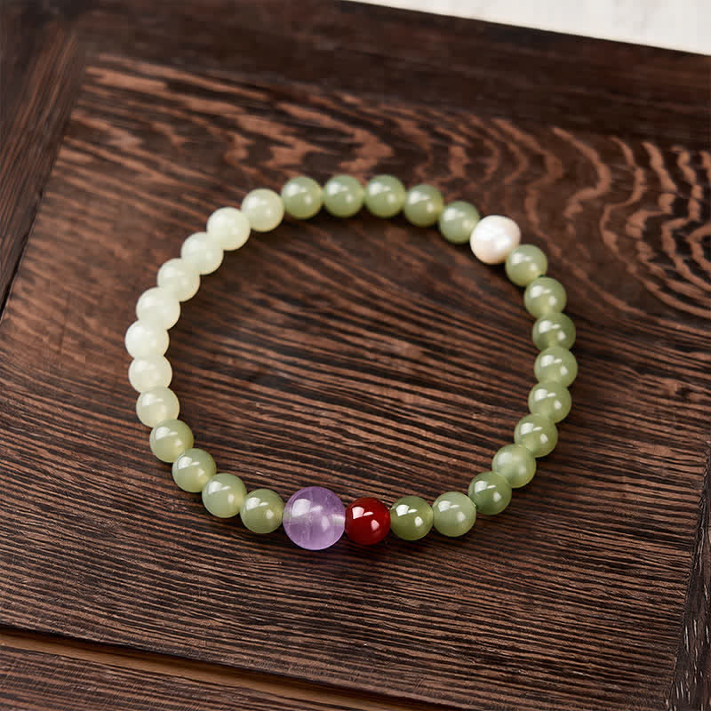Buddha Stones Pulsera de cuentas redondas con degradado de jade Hetian natural - image 1