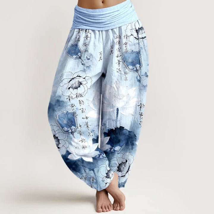 Buddha Stones Pantalones harem de mujer con cintura elástica y estampado de flores de loto en algodón puro. - Azul cielo claro - US16，UK/AU20，EU48 (3XL) - image 5