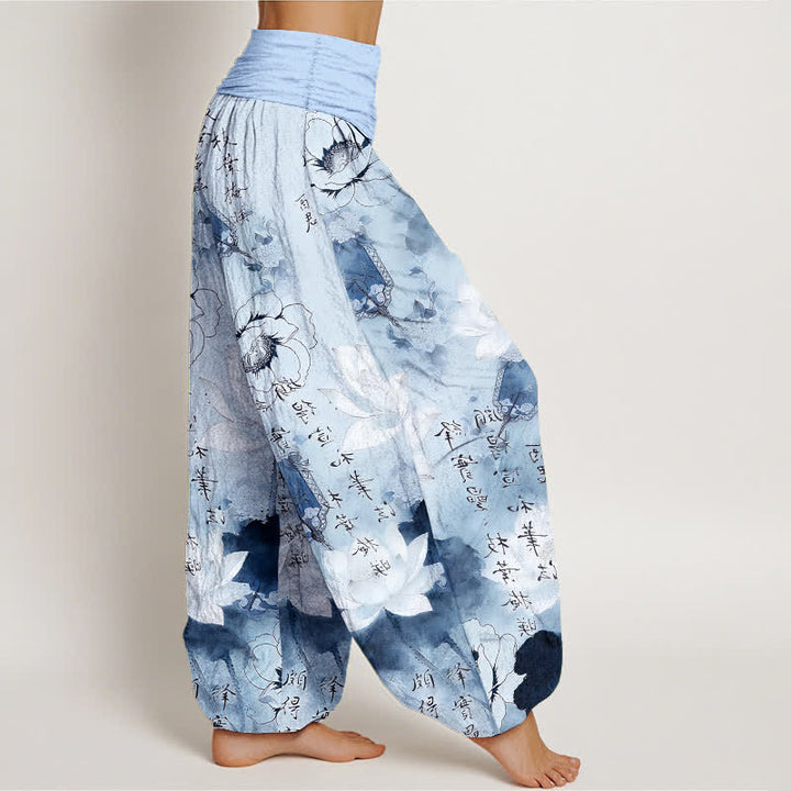 Buddha Stones Pantalones harem de mujer con cintura elástica y estampado de flores de loto en algodón puro. - image 7