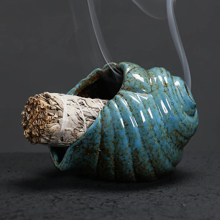Buddha Stones Quemadores de incienso de cerámica con forma de caracola Shankha para purificación - Azul - image 0