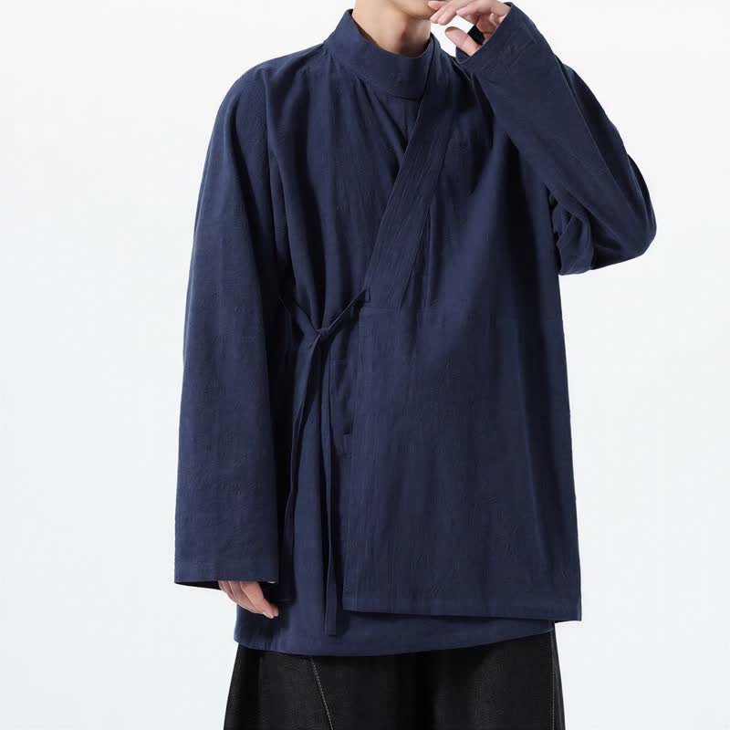 Buddha Stones Kimono de hombre de manga larga, estilo Tang, cuello mandarín, color algodón liso, para otoño/invierno. - image 1
