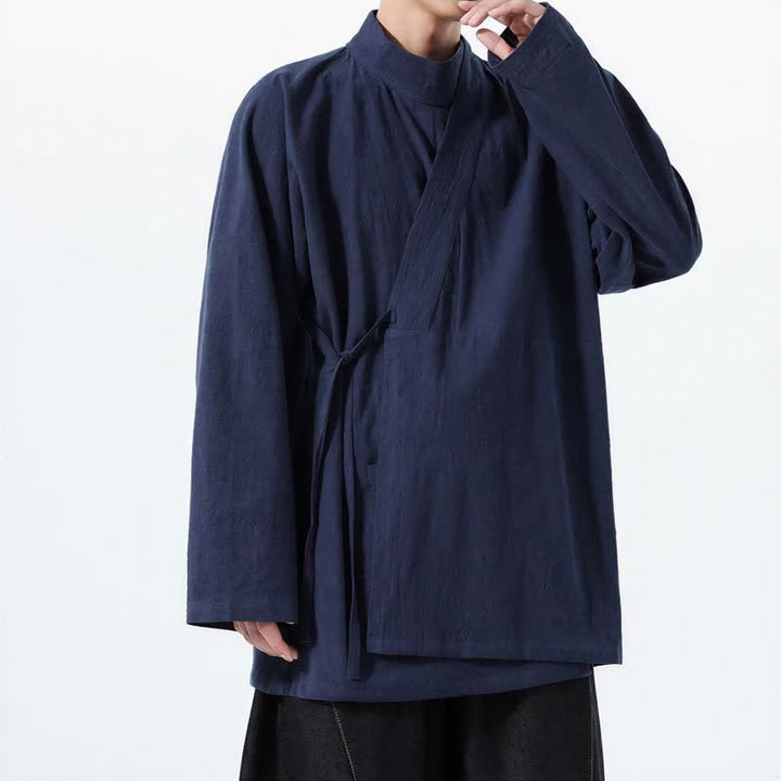 Buddha Stones Kimono de hombre de manga larga, estilo Tang, cuello mandarín, color algodón liso, para otoño/invierno. - image 1