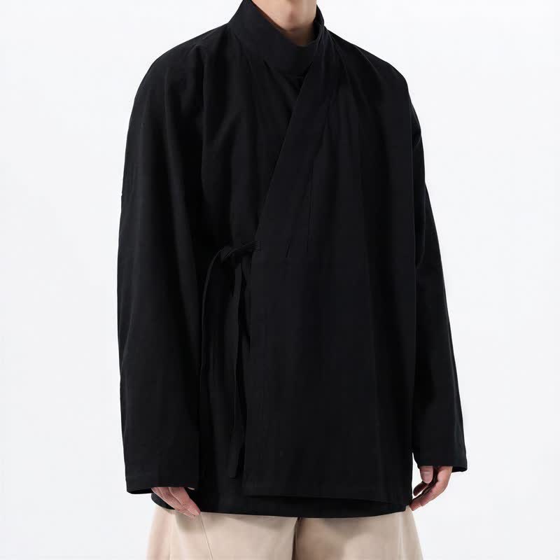 Buddha Stones Kimono de hombre de manga larga, estilo Tang, cuello mandarín, color algodón liso, para otoño/invierno. - image 9