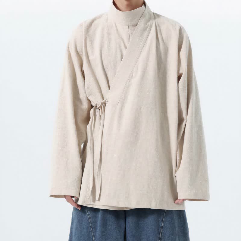 Buddha Stones Kimono de hombre de manga larga, estilo Tang, cuello mandarín, color algodón liso, para otoño/invierno. - Beige - US/UK/AU46, EU56 (5XL) - image 13