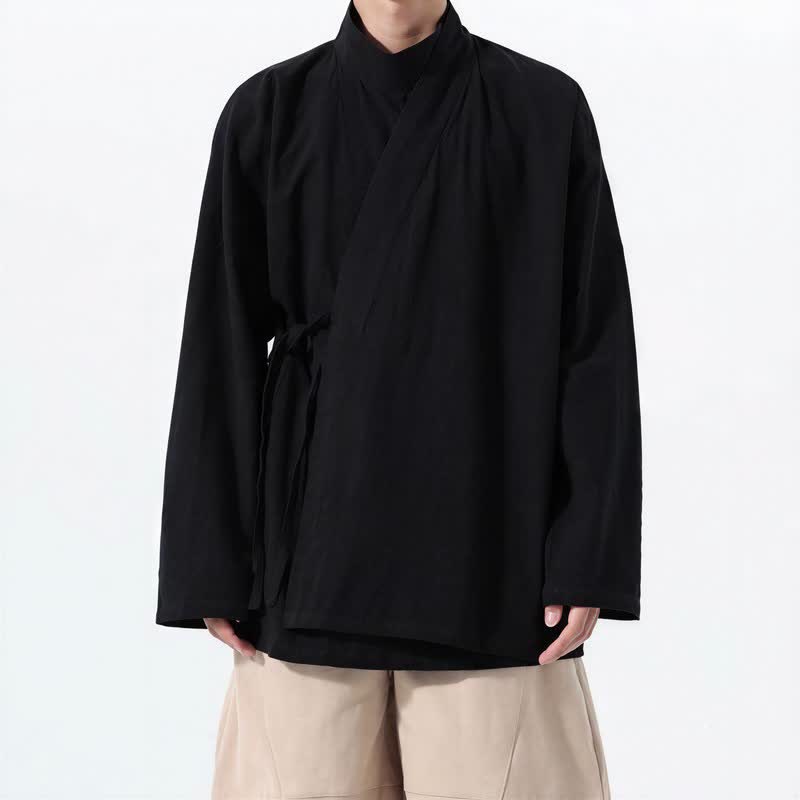 Buddha Stones Kimono de hombre de manga larga, estilo Tang, cuello mandarín, color algodón liso, para otoño/invierno. - Negro - US/UK/AU46, EU56 (5XL) - image 8