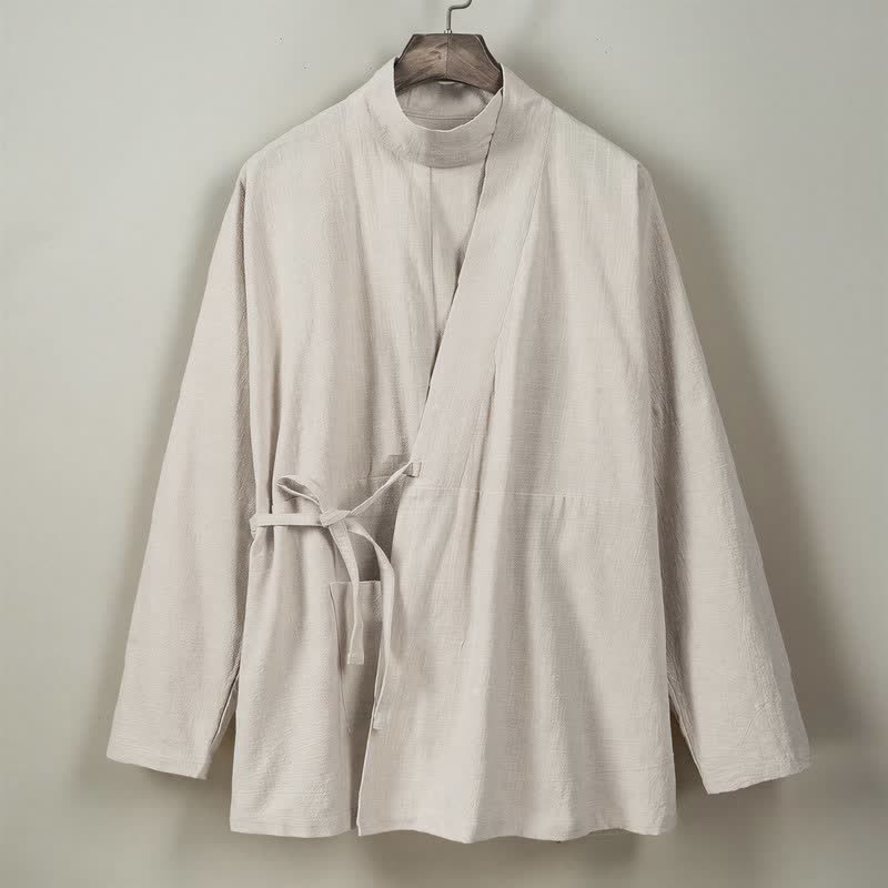 Buddha Stones Kimono de hombre de manga larga, estilo Tang, cuello mandarín, color algodón liso, para otoño/invierno. - image 17