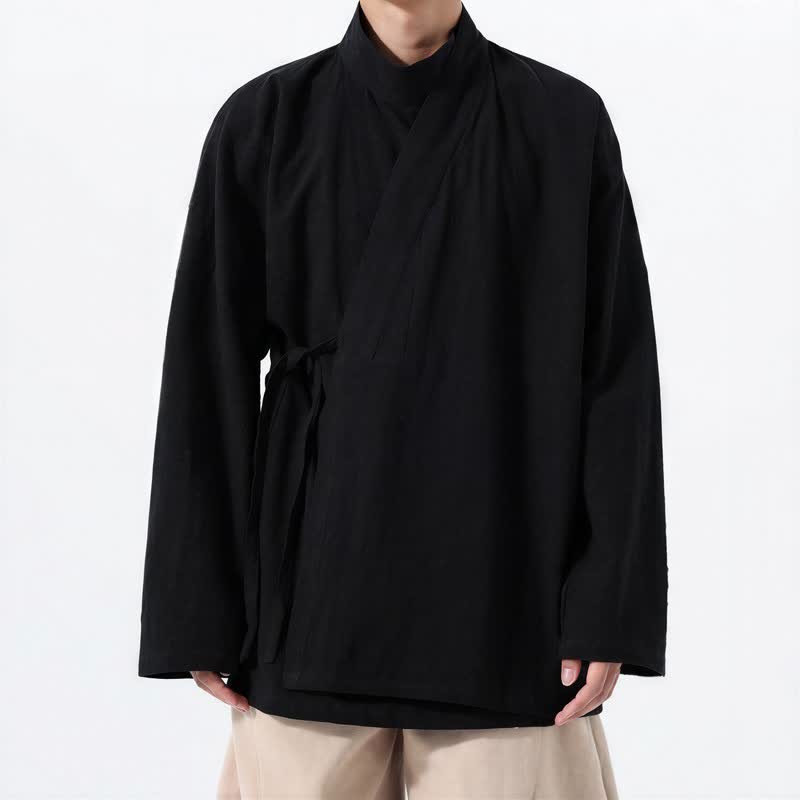 Buddha Stones Kimono de hombre de manga larga, estilo Tang, cuello mandarín, color algodón liso, para otoño/invierno. - image 10