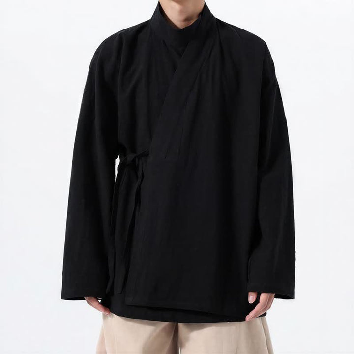 Buddha Stones Kimono de hombre de manga larga, estilo Tang, cuello mandarín, color algodón liso, para otoño/invierno. - image 10