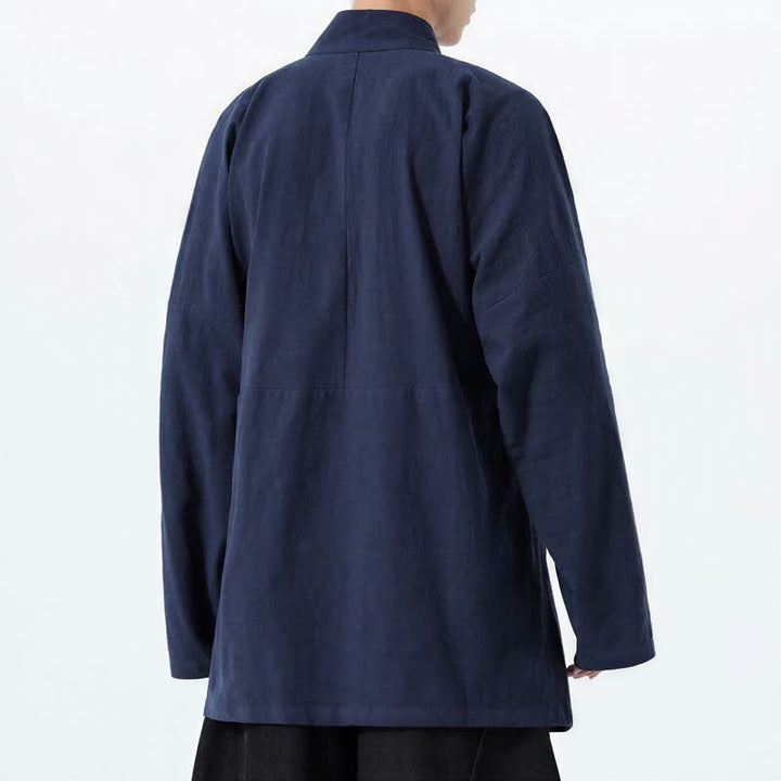Buddha Stones Kimono de hombre de manga larga, estilo Tang, cuello mandarín, color algodón liso, para otoño/invierno. - image 3