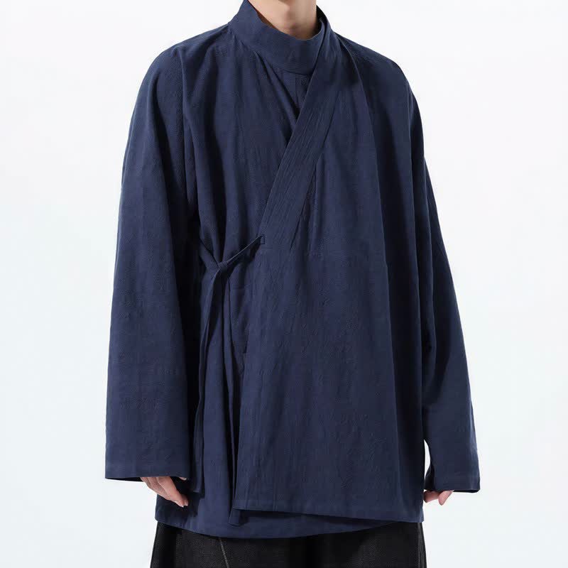 Buddha Stones Kimono de hombre de manga larga, estilo Tang, cuello mandarín, color algodón liso, para otoño/invierno. - image 2