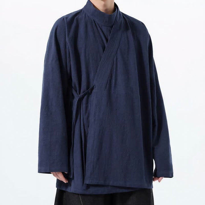 Buddha Stones Kimono de hombre de manga larga, estilo Tang, cuello mandarín, color algodón liso, para otoño/invierno. - image 2