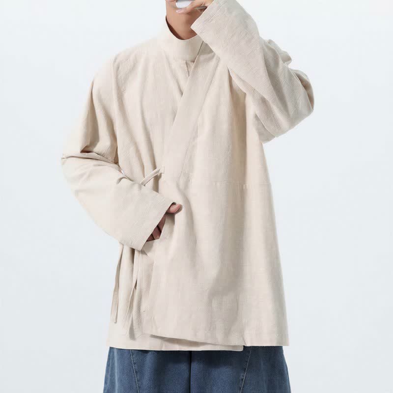 Buddha Stones Kimono de hombre de manga larga, estilo Tang, cuello mandarín, color algodón liso, para otoño/invierno. - image 14