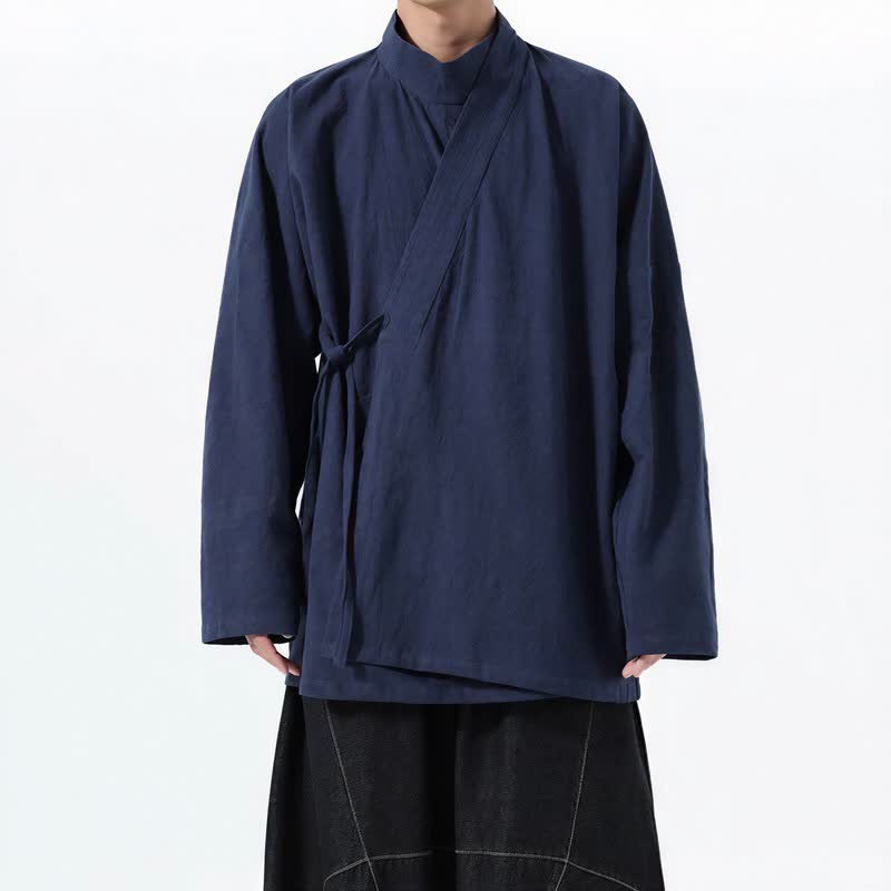 Buddha Stones Kimono de hombre de manga larga, estilo Tang, cuello mandarín, color algodón liso, para otoño/invierno. - Azul medianoche - US/UK/AU46, EU56 (5XL) - image 0