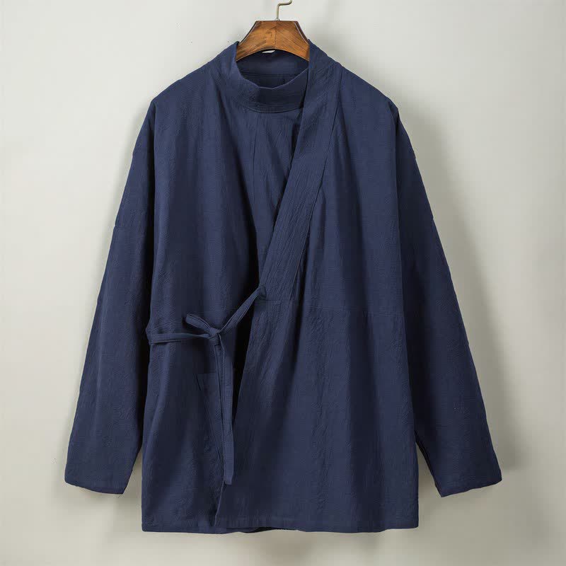 Buddha Stones Kimono de hombre de manga larga, estilo Tang, cuello mandarín, color algodón liso, para otoño/invierno. - image 7
