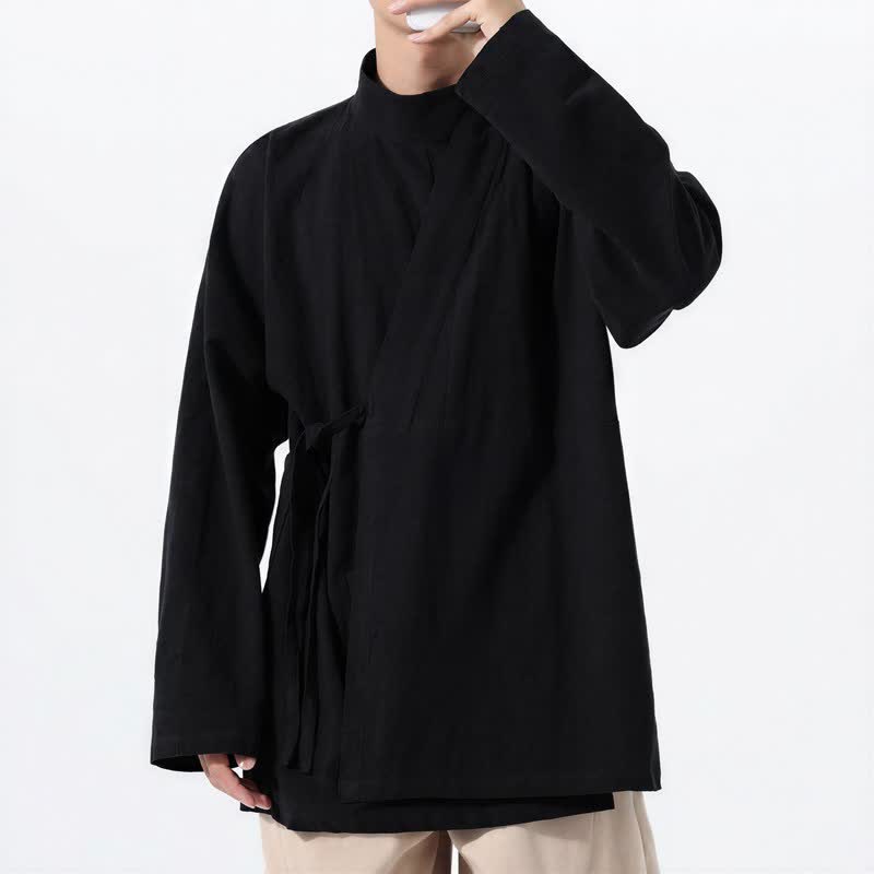 Buddha Stones Kimono de hombre de manga larga, estilo Tang, cuello mandarín, color algodón liso, para otoño/invierno. - image 11