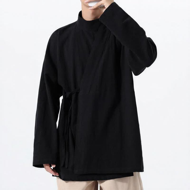 Buddha Stones Kimono de hombre de manga larga, estilo Tang, cuello mandarín, color algodón liso, para otoño/invierno. - image 11