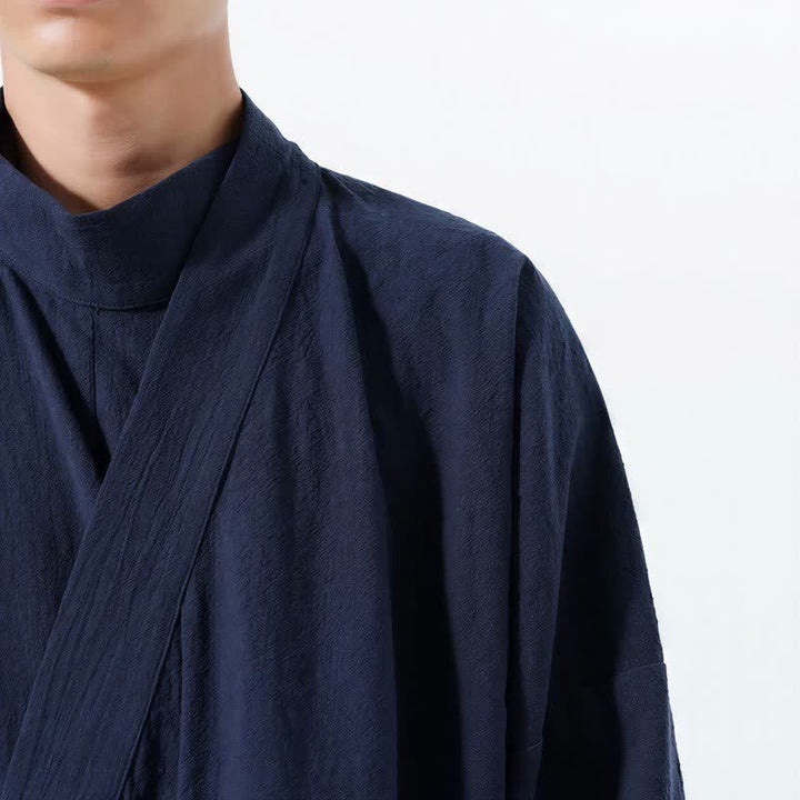 Buddha Stones Kimono de hombre de manga larga, estilo Tang, cuello mandarín, color algodón liso, para otoño/invierno. - image 4