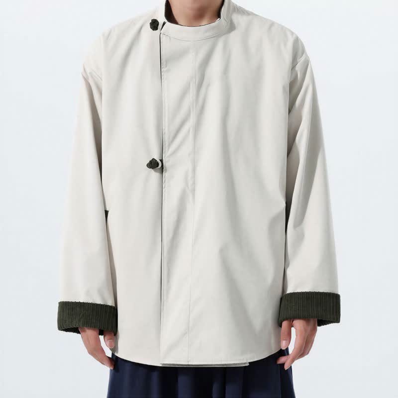 Buddha Stones Chaqueta reversible de pana lisa para hombre, estilo casual de otoño/invierno, con cuello mandarín y bolsillo. - image 4